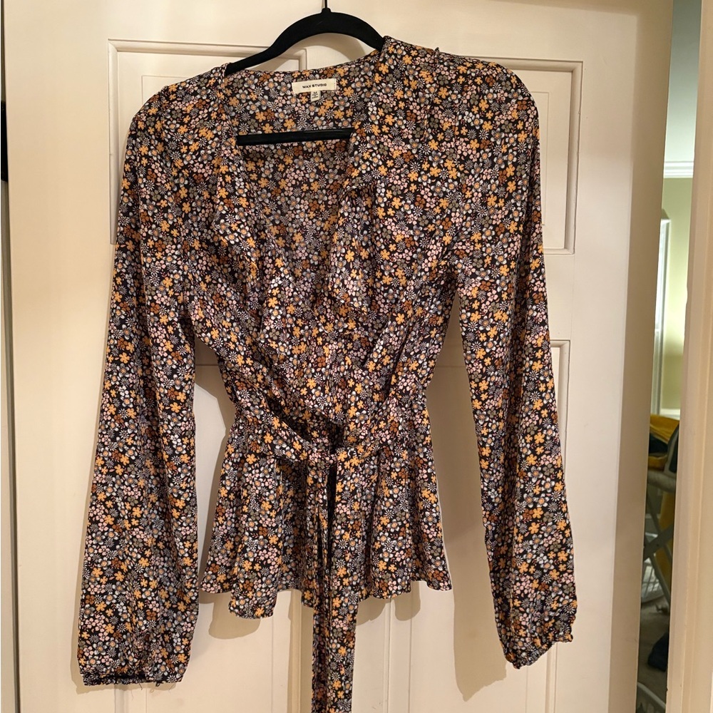 Max Studio Brown and Tan Tie Front Peplum Blouse
